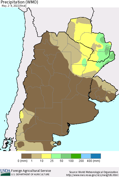 Southern South America Precipitation (WMO) Thematic Map For 5/2/2022 - 5/8/2022