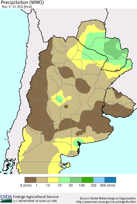 Southern South America Precipitation (WMO) Thematic Map For 5/9/2022 - 5/15/2022