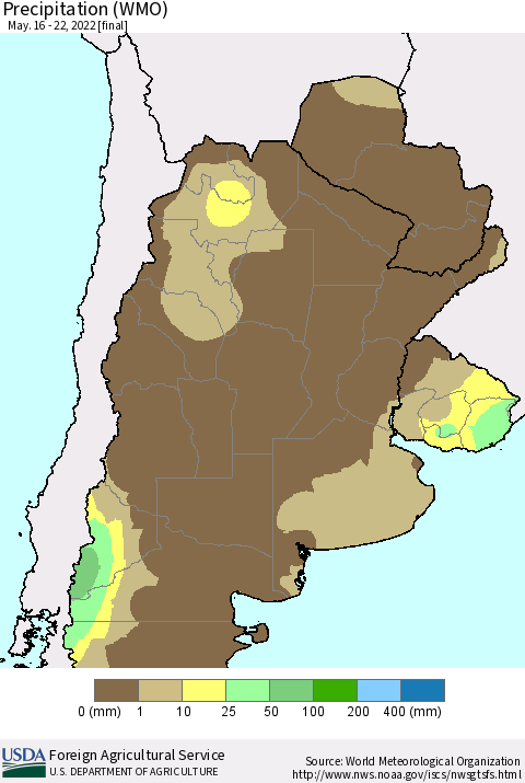 Southern South America Precipitation (WMO) Thematic Map For 5/16/2022 - 5/22/2022