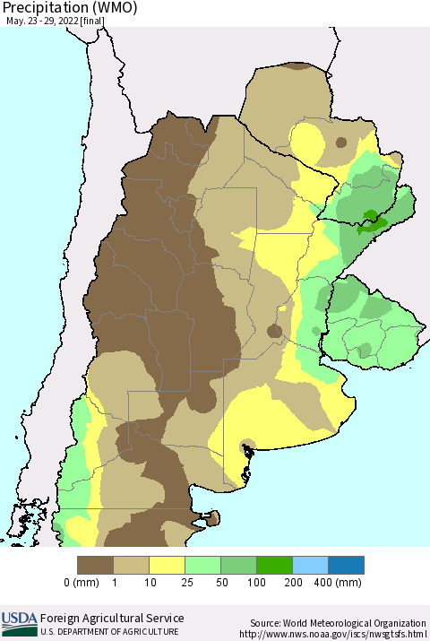 Southern South America Precipitation (WMO) Thematic Map For 5/23/2022 - 5/29/2022