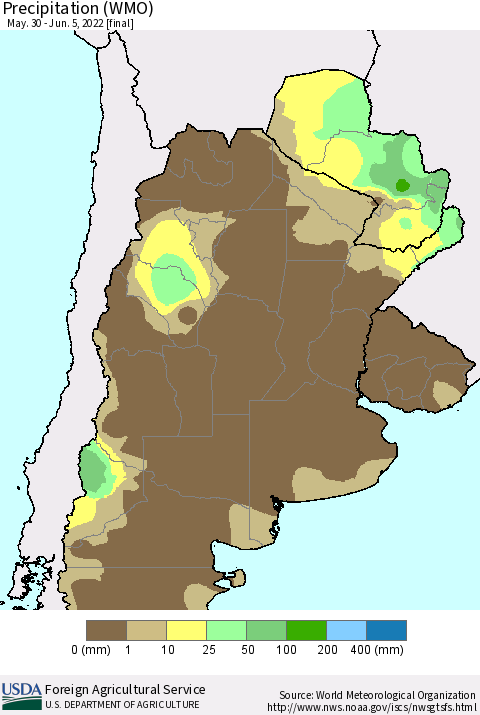 Southern South America Precipitation (WMO) Thematic Map For 5/30/2022 - 6/5/2022
