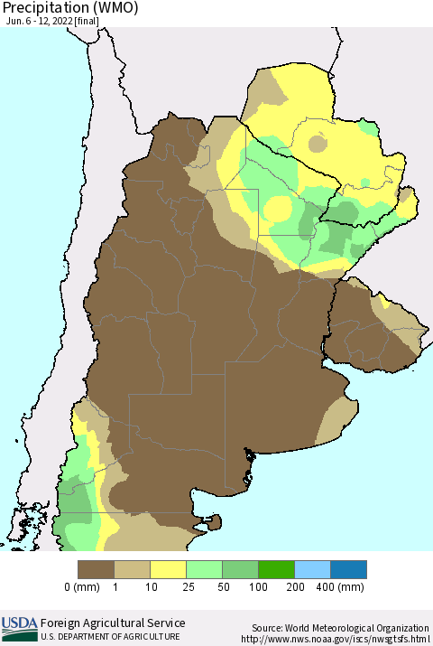 Southern South America Precipitation (WMO) Thematic Map For 6/6/2022 - 6/12/2022