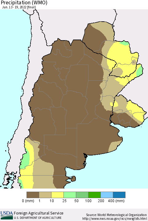 Southern South America Precipitation (WMO) Thematic Map For 6/13/2022 - 6/19/2022