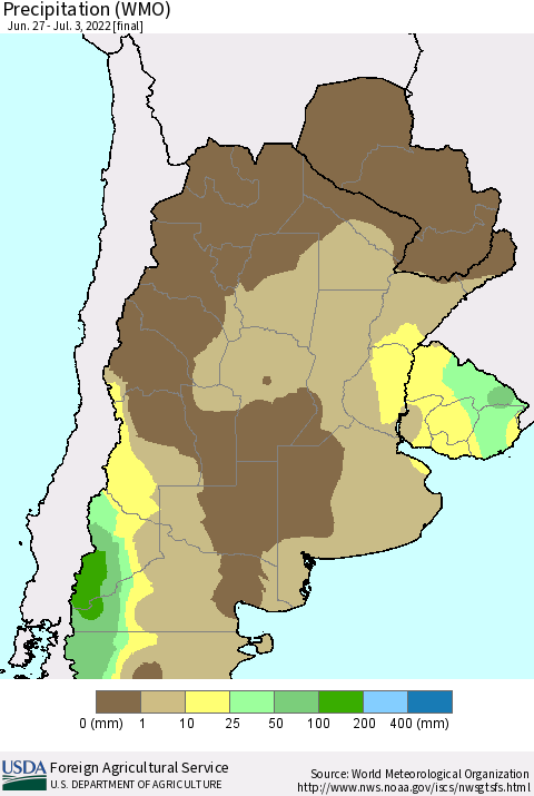 Southern South America Precipitation (WMO) Thematic Map For 6/27/2022 - 7/3/2022