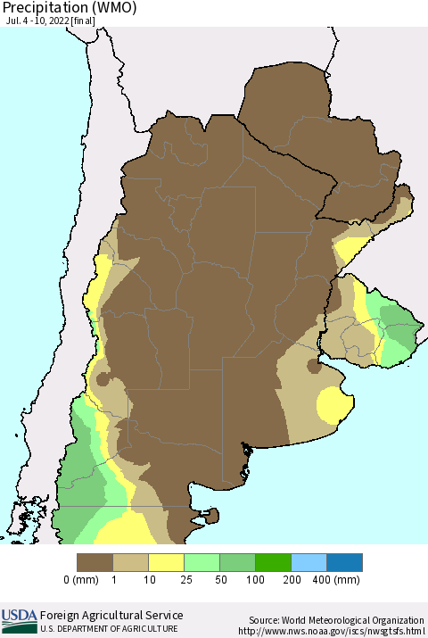 Southern South America Precipitation (WMO) Thematic Map For 7/4/2022 - 7/10/2022
