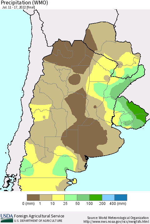 Southern South America Precipitation (WMO) Thematic Map For 7/11/2022 - 7/17/2022