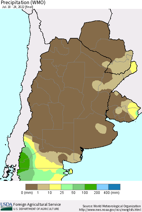 Southern South America Precipitation (WMO) Thematic Map For 7/18/2022 - 7/24/2022