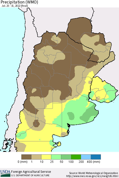 Southern South America Precipitation (WMO) Thematic Map For 7/25/2022 - 7/31/2022