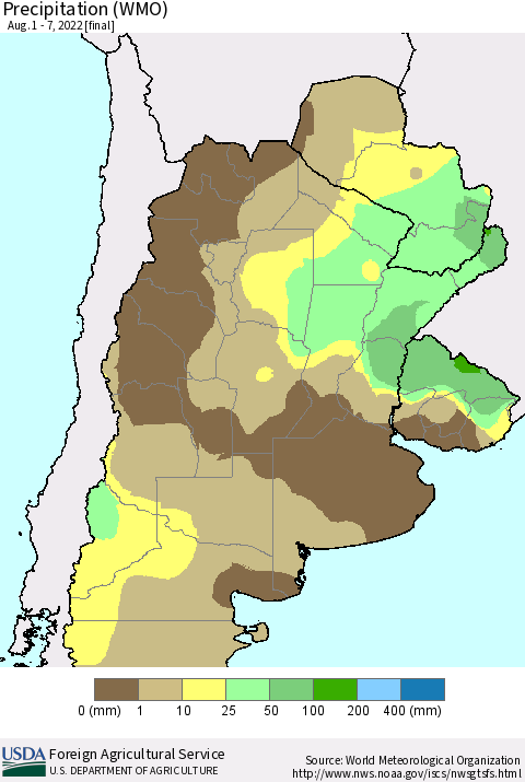 Southern South America Precipitation (WMO) Thematic Map For 8/1/2022 - 8/7/2022