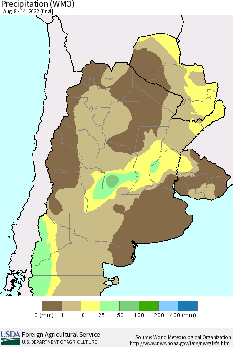 Southern South America Precipitation (WMO) Thematic Map For 8/8/2022 - 8/14/2022