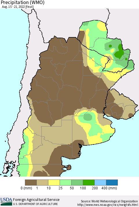 Southern South America Precipitation (WMO) Thematic Map For 8/15/2022 - 8/21/2022