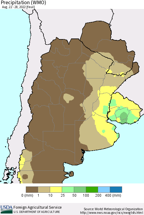 Southern South America Precipitation (WMO) Thematic Map For 8/22/2022 - 8/28/2022