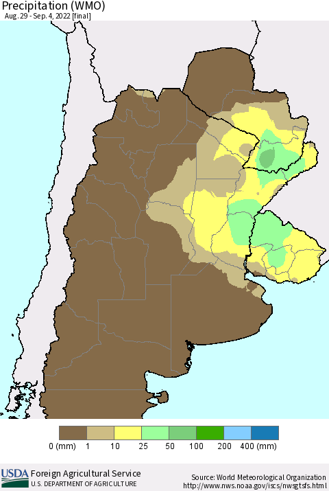 Southern South America Precipitation (WMO) Thematic Map For 8/29/2022 - 9/4/2022