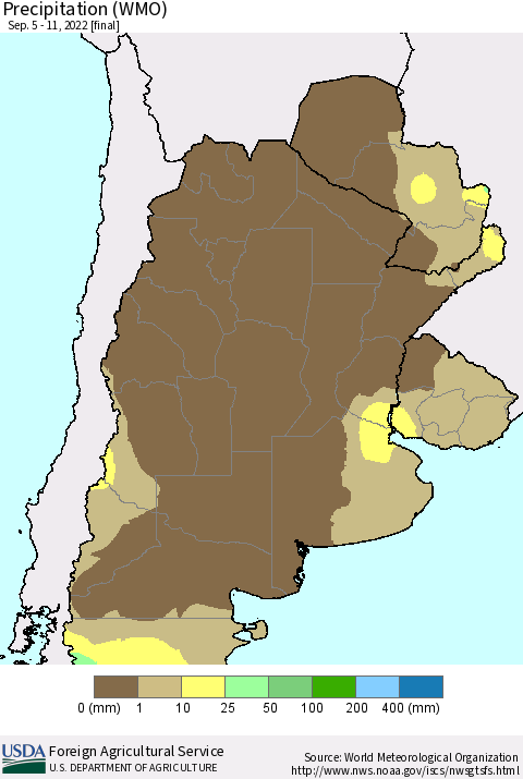Southern South America Precipitation (WMO) Thematic Map For 9/5/2022 - 9/11/2022