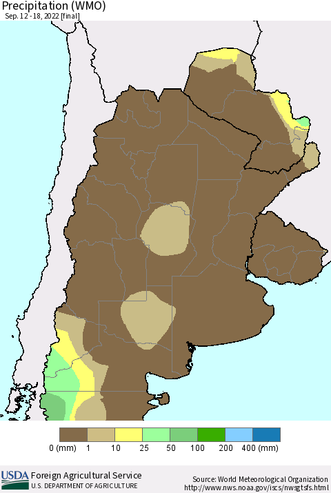 Southern South America Precipitation (WMO) Thematic Map For 9/12/2022 - 9/18/2022