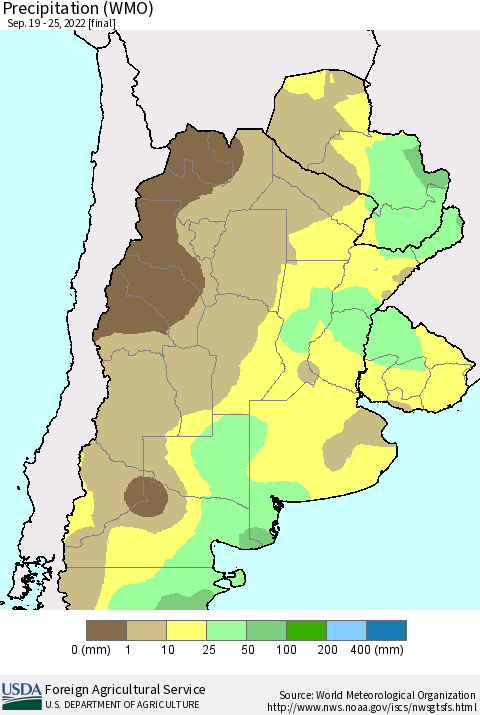 Southern South America Precipitation (WMO) Thematic Map For 9/19/2022 - 9/25/2022