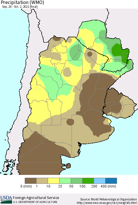 Southern South America Precipitation (WMO) Thematic Map For 9/26/2022 - 10/2/2022