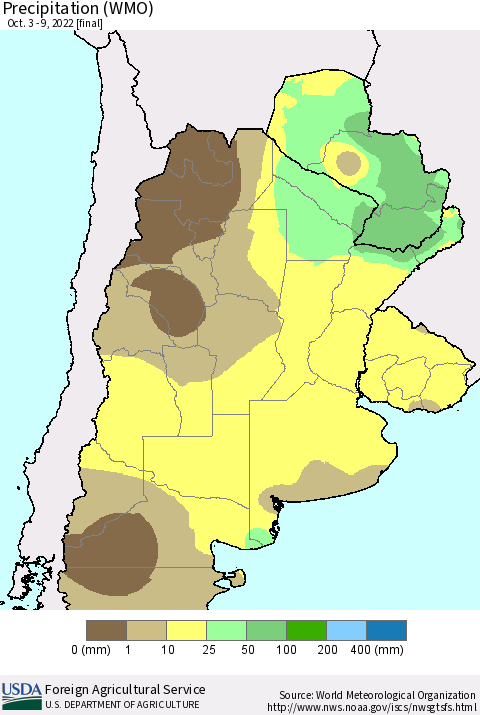 Southern South America Precipitation (WMO) Thematic Map For 10/3/2022 - 10/9/2022