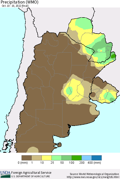 Southern South America Precipitation (WMO) Thematic Map For 10/10/2022 - 10/16/2022