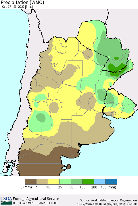 Southern South America Precipitation (WMO) Thematic Map For 10/17/2022 - 10/23/2022