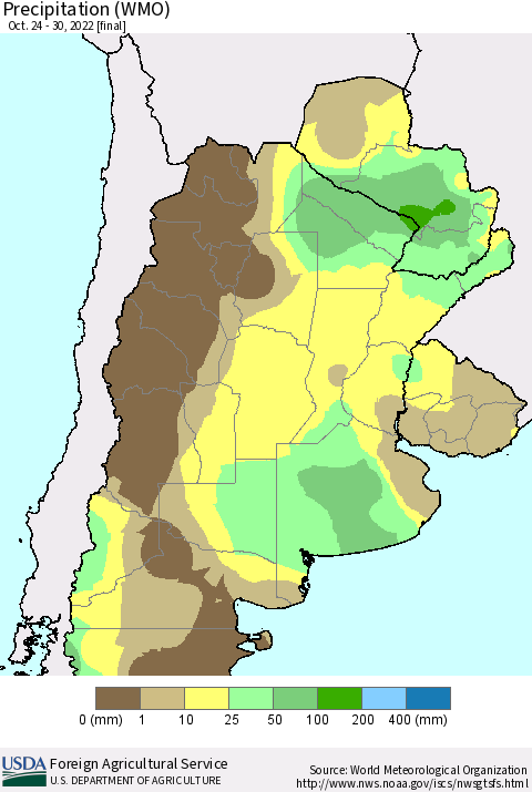 Southern South America Precipitation (WMO) Thematic Map For 10/24/2022 - 10/30/2022