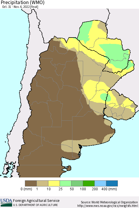Southern South America Precipitation (WMO) Thematic Map For 10/31/2022 - 11/6/2022