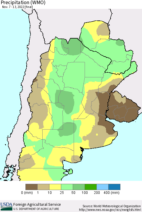 Southern South America Precipitation (WMO) Thematic Map For 11/7/2022 - 11/13/2022