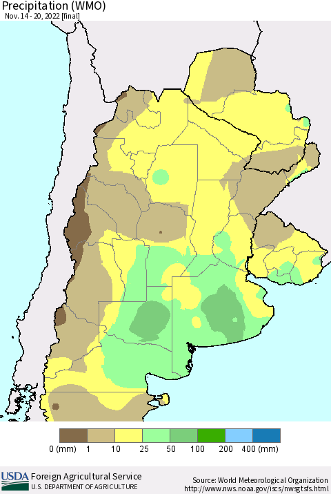 Southern South America Precipitation (WMO) Thematic Map For 11/14/2022 - 11/20/2022