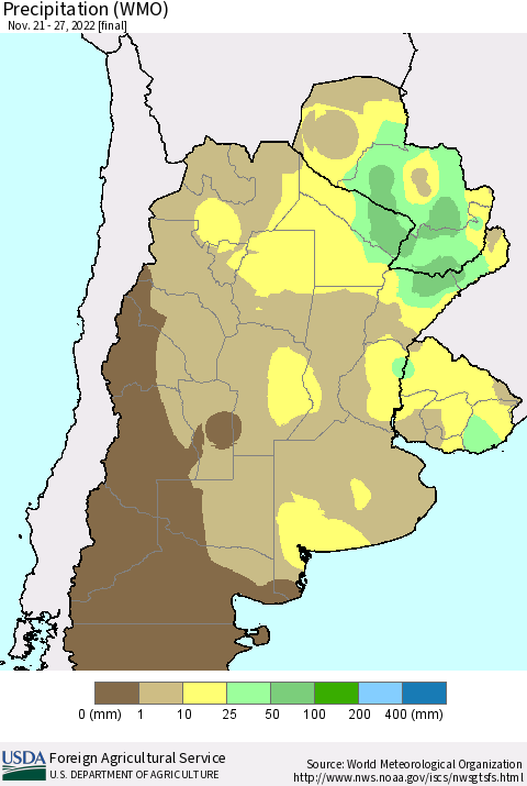 Southern South America Precipitation (WMO) Thematic Map For 11/21/2022 - 11/27/2022