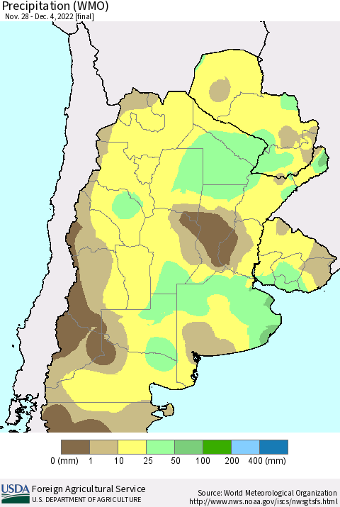 Southern South America Precipitation (WMO) Thematic Map For 11/28/2022 - 12/4/2022
