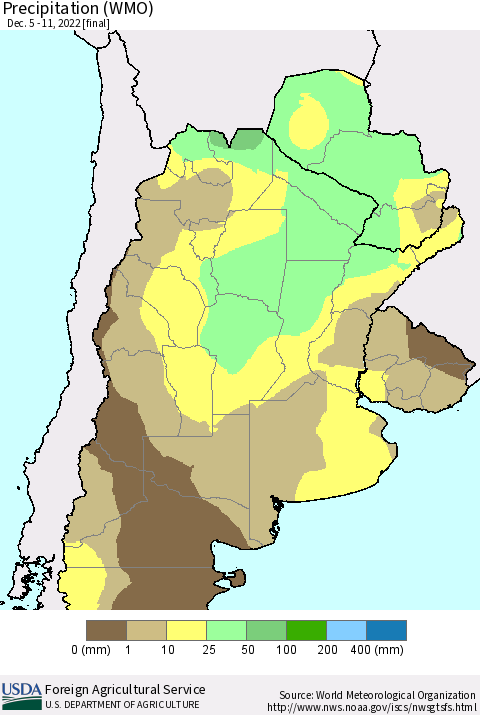 Southern South America Precipitation (WMO) Thematic Map For 12/5/2022 - 12/11/2022