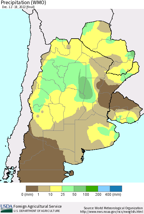 Southern South America Precipitation (WMO) Thematic Map For 12/12/2022 - 12/18/2022