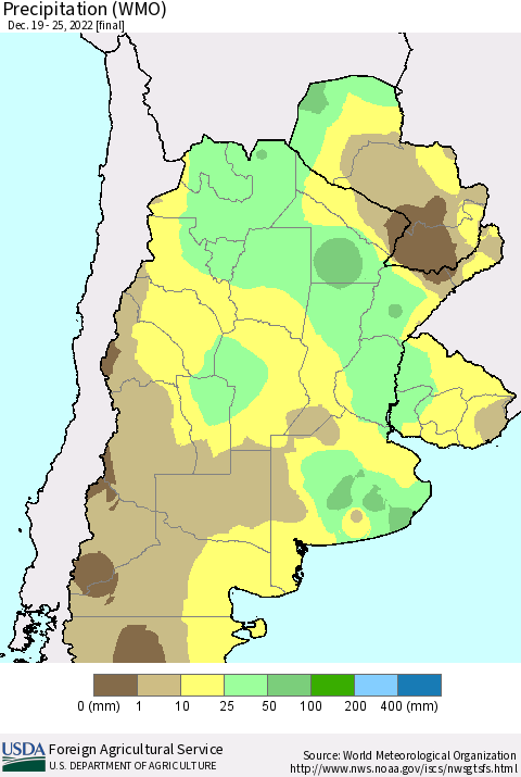 Southern South America Precipitation (WMO) Thematic Map For 12/19/2022 - 12/25/2022