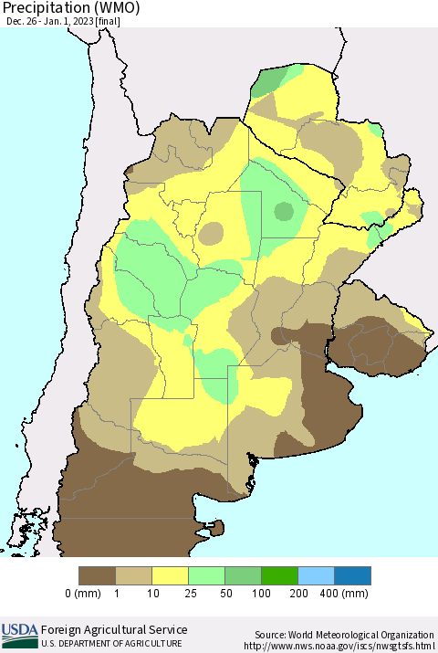 Southern South America Precipitation (WMO) Thematic Map For 12/26/2022 - 1/1/2023