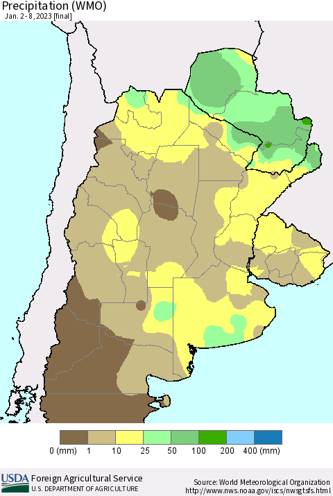 Southern South America Precipitation (WMO) Thematic Map For 1/2/2023 - 1/8/2023