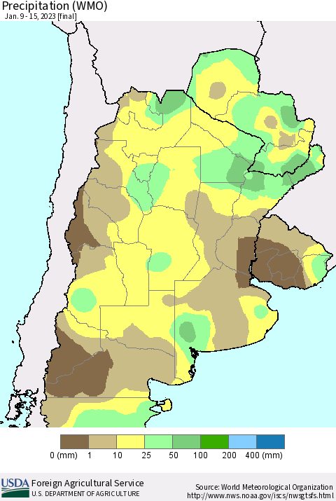 Southern South America Precipitation (WMO) Thematic Map For 1/9/2023 - 1/15/2023