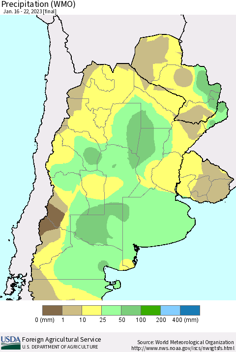 Southern South America Precipitation (WMO) Thematic Map For 1/16/2023 - 1/22/2023
