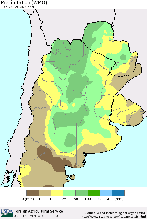 Southern South America Precipitation (WMO) Thematic Map For 1/23/2023 - 1/29/2023