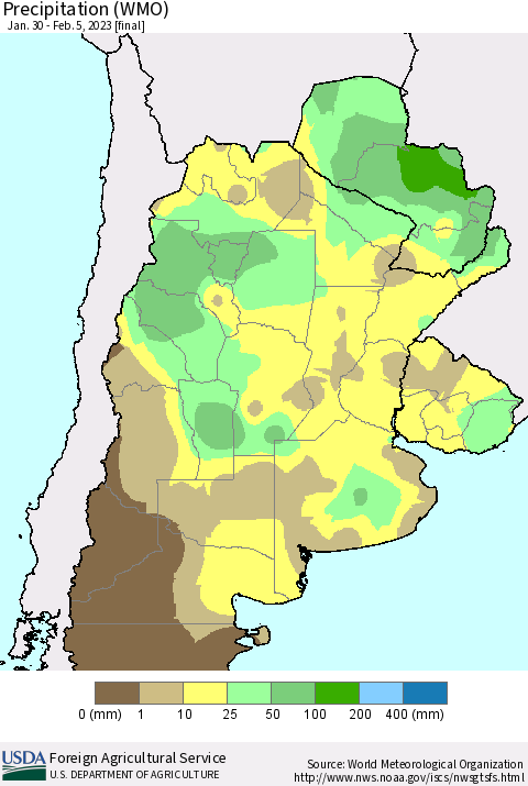 Southern South America Precipitation (WMO) Thematic Map For 1/30/2023 - 2/5/2023