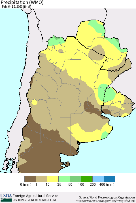 Southern South America Precipitation (WMO) Thematic Map For 2/6/2023 - 2/12/2023