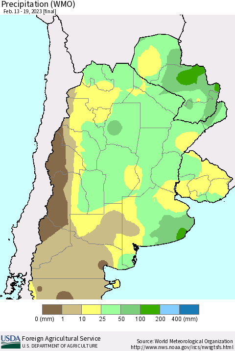Southern South America Precipitation (WMO) Thematic Map For 2/13/2023 - 2/19/2023