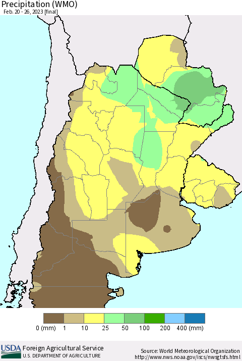 Southern South America Precipitation (WMO) Thematic Map For 2/20/2023 - 2/26/2023