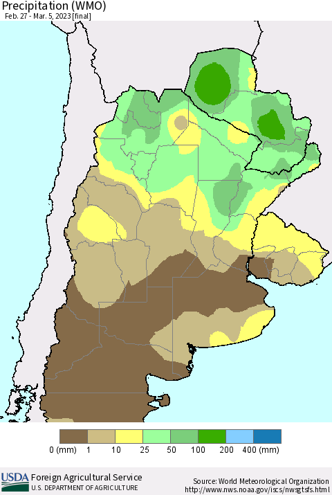 Southern South America Precipitation (WMO) Thematic Map For 2/27/2023 - 3/5/2023