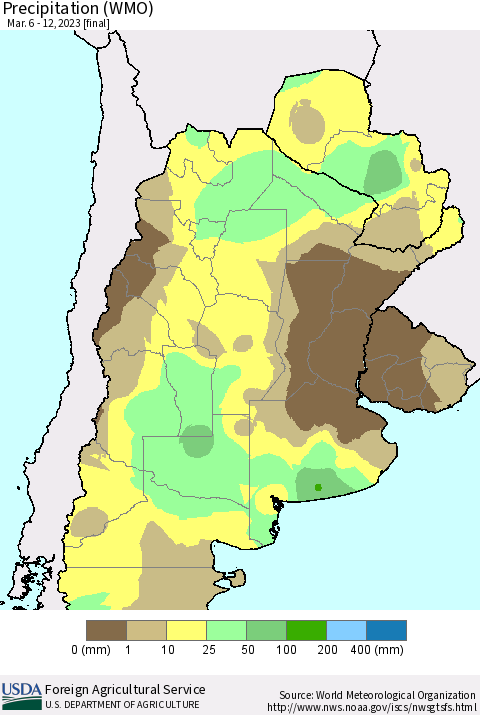 Southern South America Precipitation (WMO) Thematic Map For 3/6/2023 - 3/12/2023