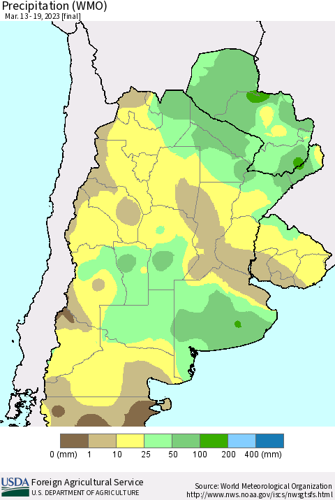 Southern South America Precipitation (WMO) Thematic Map For 3/13/2023 - 3/19/2023