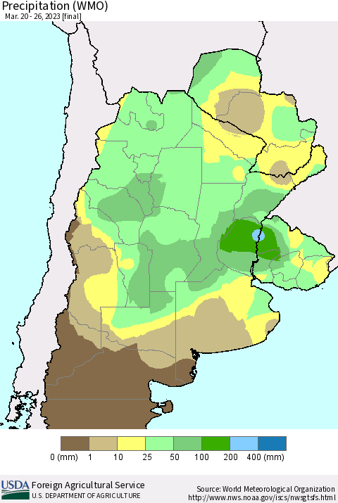 Southern South America Precipitation (WMO) Thematic Map For 3/20/2023 - 3/26/2023