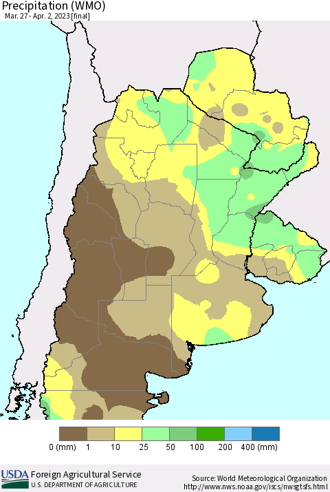Southern South America Precipitation (WMO) Thematic Map For 3/27/2023 - 4/2/2023