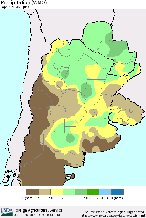 Southern South America Precipitation (WMO) Thematic Map For 4/3/2023 - 4/9/2023