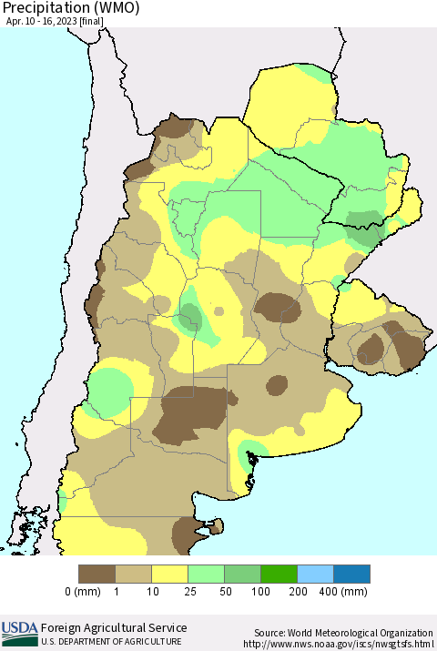 Southern South America Precipitation (WMO) Thematic Map For 4/10/2023 - 4/16/2023