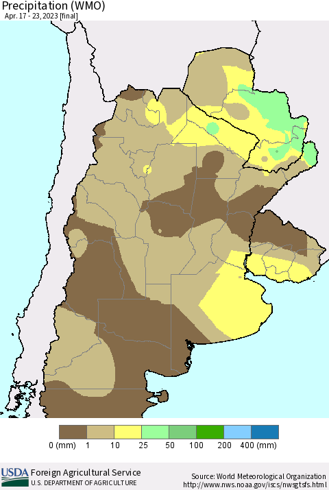 Southern South America Precipitation (WMO) Thematic Map For 4/17/2023 - 4/23/2023